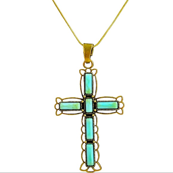 Gold & turquoise large cross pendant necklace with gold chain - Picture 2 of 7